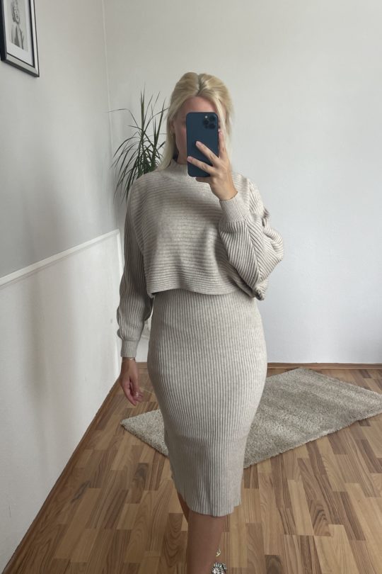 Marco Moda Strickset Beige Kleid und Pullover Strickpulli grobstrick