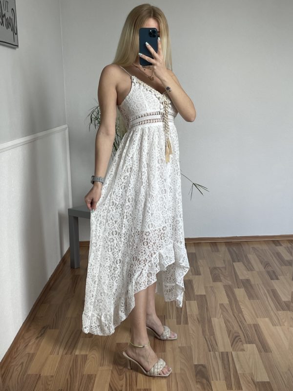 Sommerkleid midi dress elfenbein creme mit Blumenmuster perlen und Muscheln strandkleid