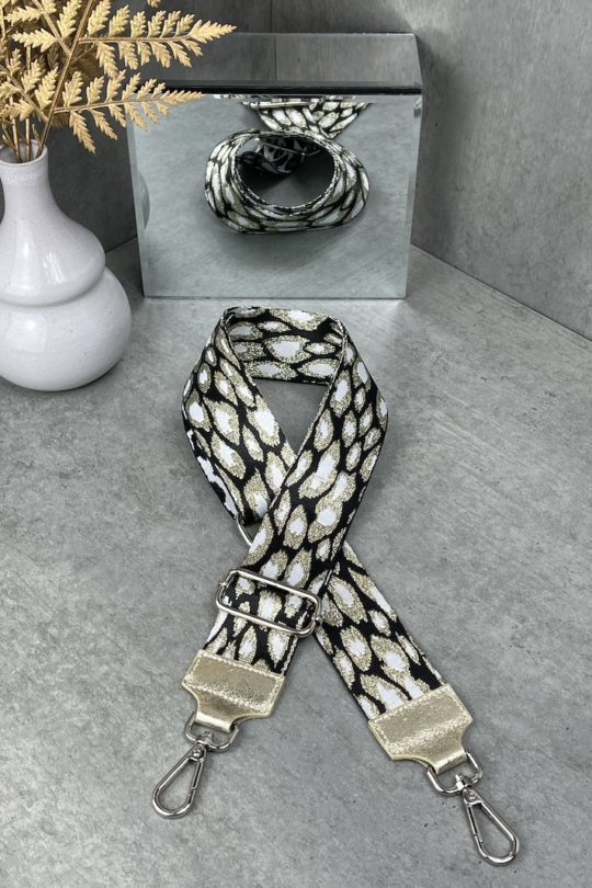 taschengurt schwarzer wechselgurt im animalprint mit gold weiß und silber Karabinern wechselgurt für handtaschen