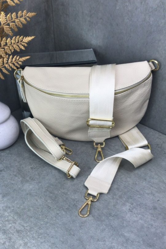 bauchtasche creme mit wechselgurt echtes Leder damen handtasche Marco Moda