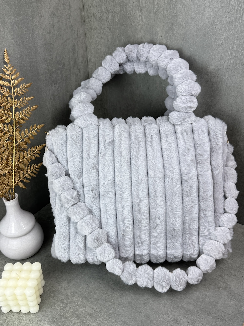 hochwertige Plüsch Handtasche hell graue Tasche shopper