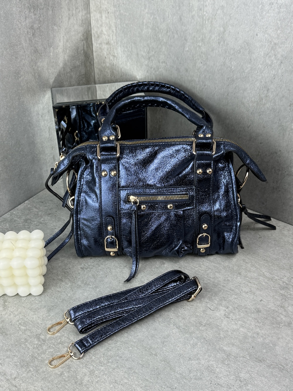 Marco Moda Handtasche dunkelblau metallic Look goldene details