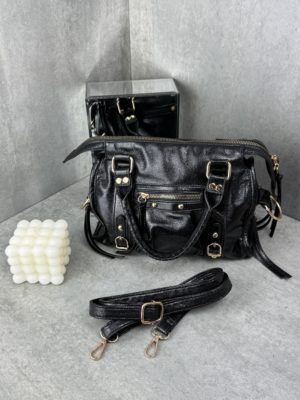 Marco Moda Handtasche metallic schwarz Tragetasche mit schultegrurt und goldenen details