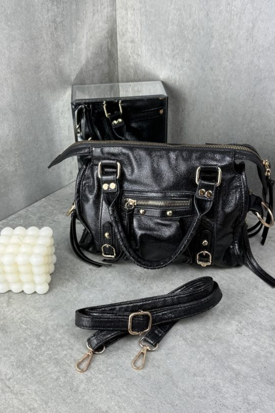 Marco Moda Handtasche metallic schwarz Tragetasche mit schultegrurt und goldenen details