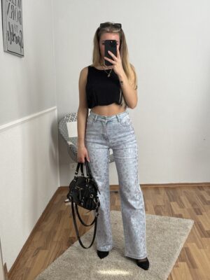 Leo Strass Jeans Damen von Marco Moda – figurbetonte Stretch Jeans mit rosa Leo Strasssteinen auf der Vorderseite für einen glamourösen Look