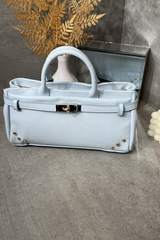 Elegante hellblaue Echtleder Handtasche für Damen mit goldener Hardware