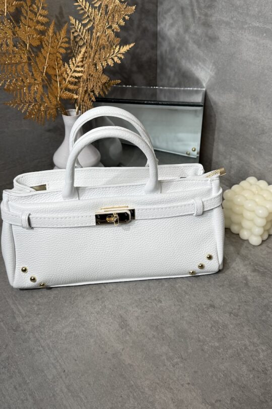 Weiße Damenhandtasche aus Echtleder mit goldfarbenem Verschluss, Doppelhenkeln und Schultergurt von Marco Moda
