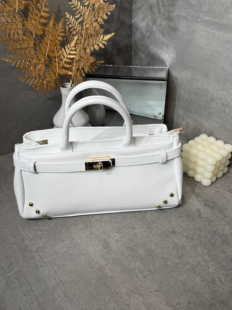Weiße Damenhandtasche aus Echtleder mit goldfarbenem Verschluss, Doppelhenkeln und Schultergurt von Marco Moda